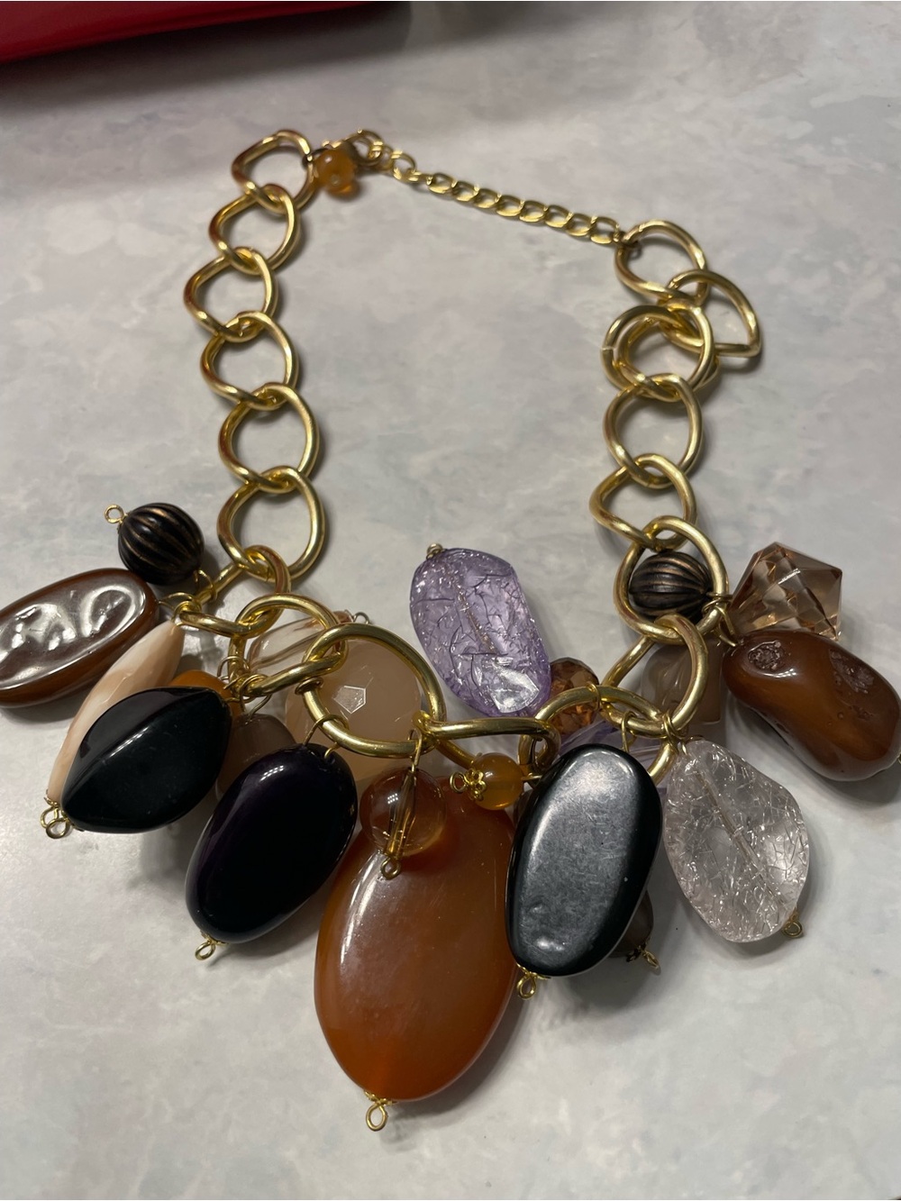 Gold Chain Multi-Stone Resin Charm Statement Necklace - Brown, Black & Purple